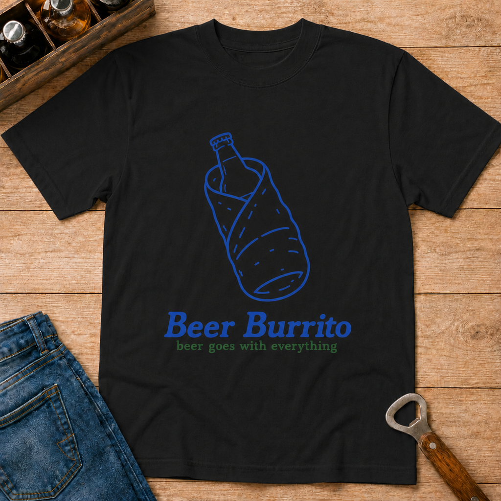 Beer Burrito T-Shirt — Funny Novelty Tee with Bottle Wrapped in Tortilla