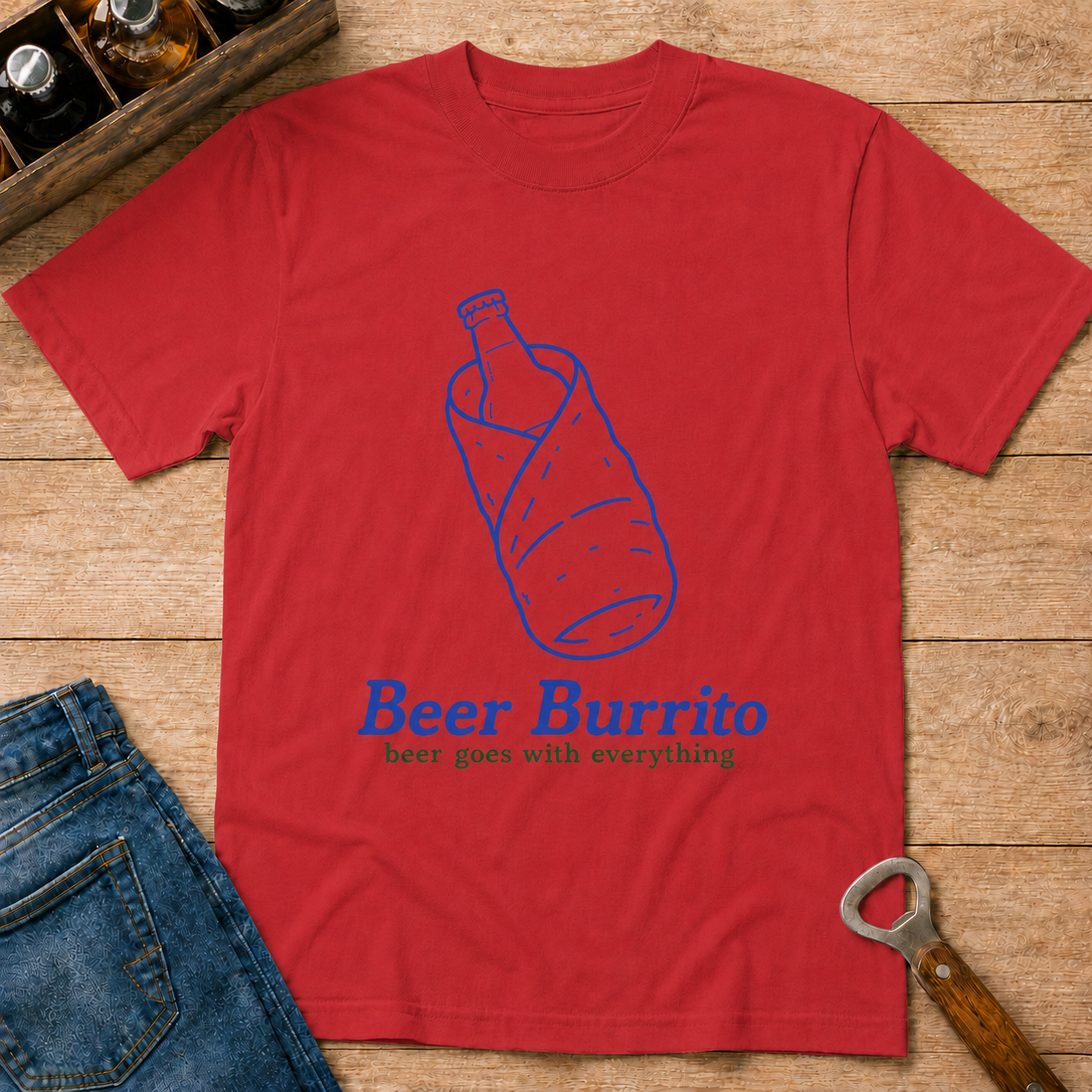 Beer Burrito T-Shirt — Funny Novelty Tee with Bottle Wrapped in Tortilla