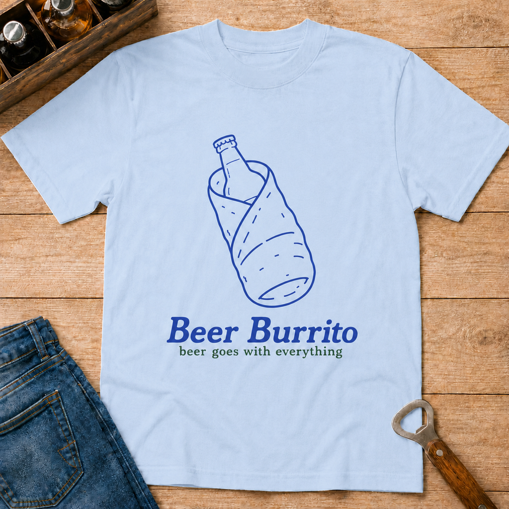 Beer Burrito T-Shirt — Funny Novelty Tee with Bottle Wrapped in Tortilla