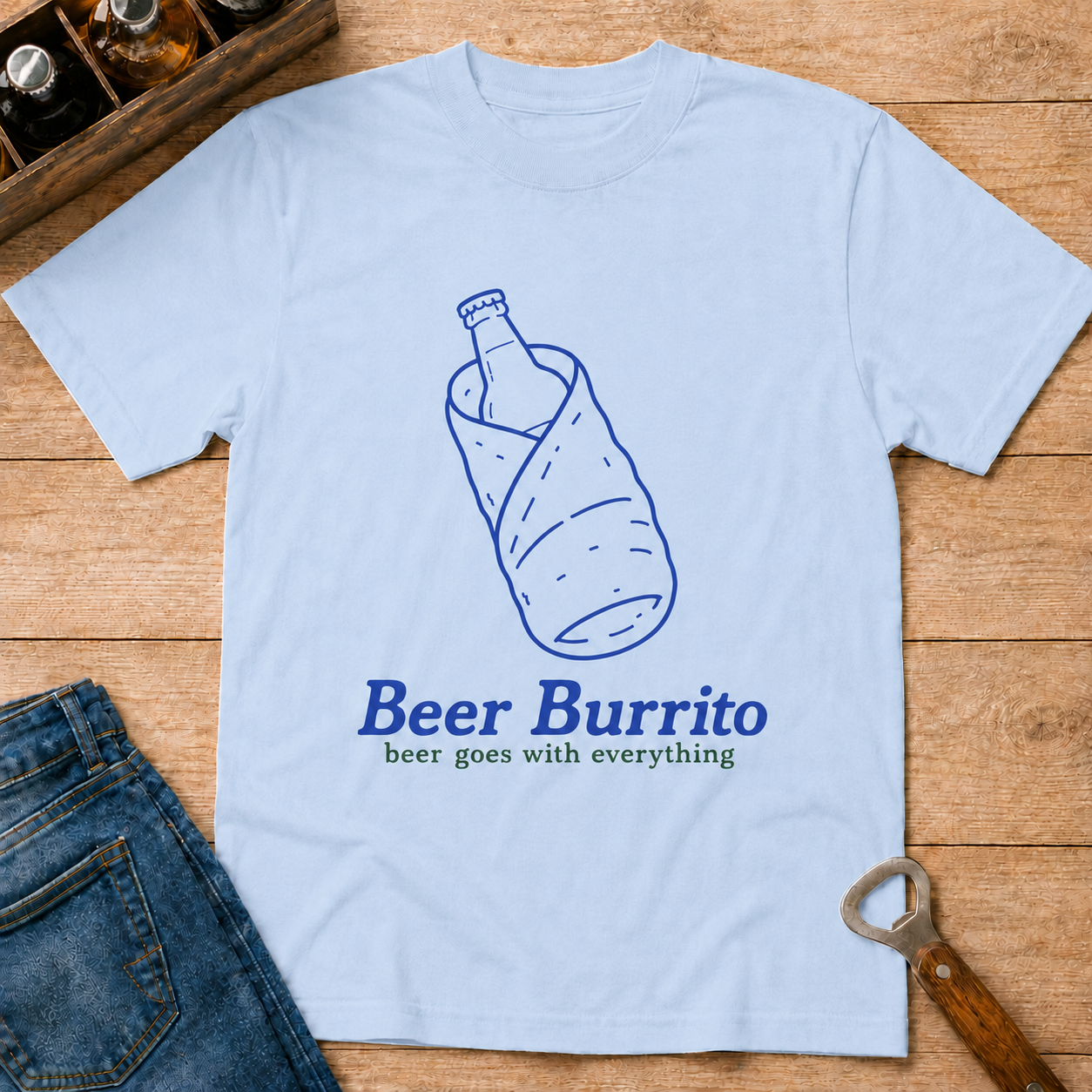 Beer Burrito T-Shirt — Funny Novelty Tee with Bottle Wrapped in Tortilla